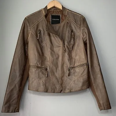 Maurices Size Medium Brown Faux Vegan Leather Moto Jacket Coat Bohemian Biker • $17.49