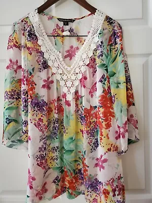 New Mushka By Sienna Rose Boho Sheer Colorful V-Neck Blouse Size XL • $10.75