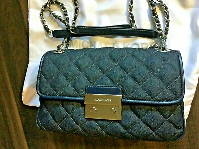 Michael Kors Sloan Lg Chain Shoulder Bag Dark Blue Quilted-Denim • $63.99