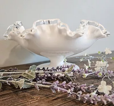 Vintage Fenton Silver Crest White Milk Glass Footed Ruffled Bowl Crystal Edge • $21