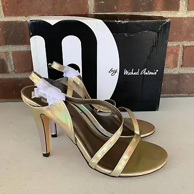 Michael Antonio Raspy Gold Met Open Toe Heeled Slingback Sandals Women's US Sz 8 • $26.95