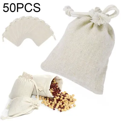 50x Natural Linen Burlap Jute Drawstring Bags Xmas Gift Pouch Wedding Favor Sack • £12.29