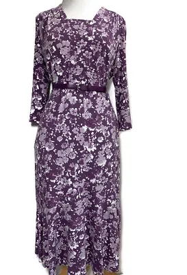 EASTEX Floral Midi Dress Belted Purple Stretch Long Sleeves V-Neck Lined UK  16 • £22