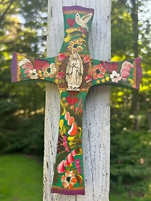 Painted Wood Cross Mexico Handmade Milagro 9x6 Virgen Guadalupe Virgin Mary A17 • $26.90