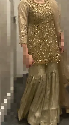£99.80 • Buy Pakistani Designer Dress Gold M Wedding Salwar Kameez Trousers Sharara Outfit