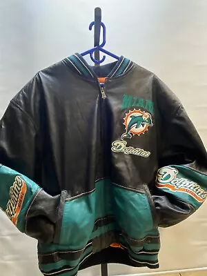 G-III And Carl Banks Miami Dolphins Black Leather Jacket Rare Vintage Mens 2 XL • $429.53