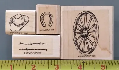 WAGON WHEEL/LUCKY HORSESHOE/COWBOY HAT/BARBED WIRE SET OF 4 STAMPS Wood/Rubber • $10