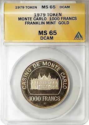 MONACO Gold 1000 Francs Casino Token 1979 ANACS MS-65 DEEP CAMEO • $795