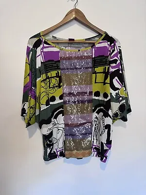 Save The Queen Abstract Print Batwing Top Sequin Detail Size Small Y2K • $35.50