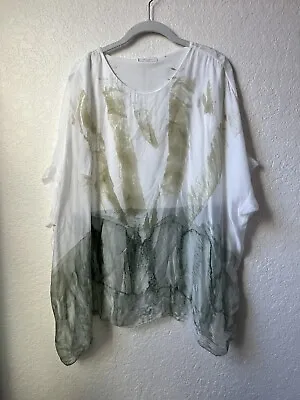 NT Fashion Paris Silk Dip Dyed Poncho Blouse Top Ivory Green One Size Lagenlook • $29