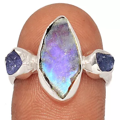 Natural Moonstone Rough & Tanzanite Crystal 925 Silver Ring US7 S.8 CR31160 • $15.99