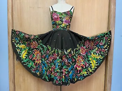 VTG 40s 50s Mexican Border Print Dress Circle Skirt Floral Sequin Cotton Novelty • $250