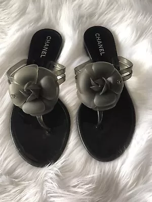 Authentic Chanel Camellia Rubber Flip Flops Size 7 Made In Italy • £332.47