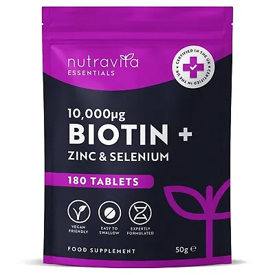 Biotin 10000mcg With Zinc + Selenium - 180 Vegan Tablets - Hair & Nails Growth • £11.99