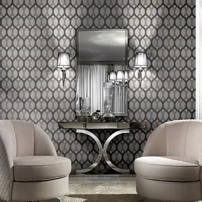 Ogee Black Gray Silver Metallic Diamonds Textured Lines Geometric Wallpaper 3D • $4.40