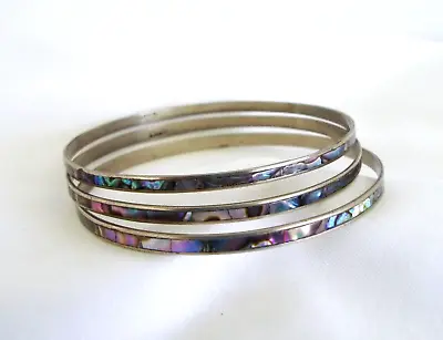 Vintage ABALONE INLAY MEXICO SILVER TONE BANGLE BRACELETS 3 • $15.99