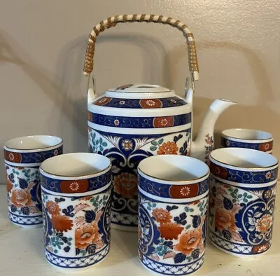 Vintage Chinese Porcelain Blue With Red Flowers And Gold Accent 6-Piece Tea Set • $34.99