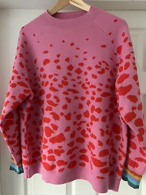 NEXT Pink Jumper With Red Animal Print And Rainbow Cuffs Christmas Ugly Size L • £22