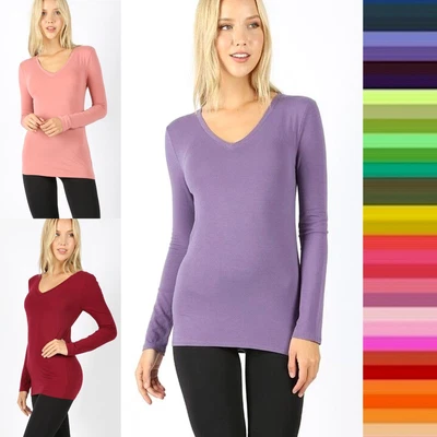 $7.79 • Buy Women's V Neck Long Sleeve T Shirt Stretch Soft Cotton Basic Plain Top Zenana