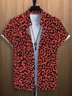 Button Up Shirt Leopard Graphic Print Down Casual Short Sleeve Fashion Red Party • $27.98