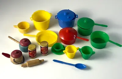 Vtg Mini Wannatoy Plastic Toy Dishes Pots Pans Plus Wood Pieces For Dollhouse • $16.95