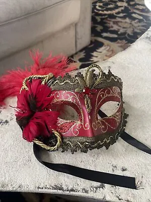 Halloween Mask Venezia Italy Hand Painted Face Mask Red/Black W/feathers • $25
