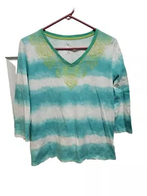 Made For Life Woman Top Size PL Turquoise Lime White V Neck 3/4 Sleeve Vintage • $7.99