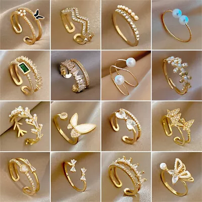 925 Sliver Zircon Pearl Ring Figure Open Adjustable Women Jewellery Gifts • $3.14