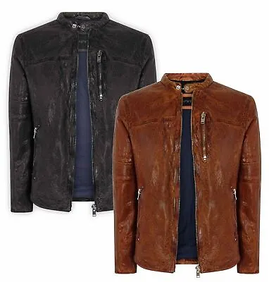 Mens Fitted Vintage Navy Tan Washed Real Leather Jacket Nehru Grandad Collar • £148.49