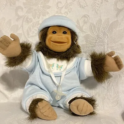 Vintage Hosung Baby Monkey Chimp Plush Flocked Face Stuffed Animal Blue Outfit • $18.99