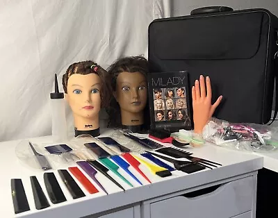 Hair Styling School Cosmetology Student Kit Mannequin Heads Carry Case Combs • $79.95