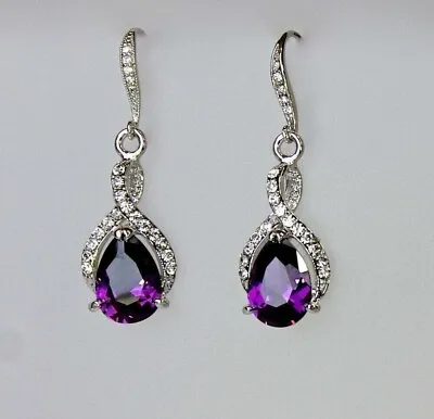 2.50 Ct Pear Lab Created Purple Amethyst Drop Earrings In 14k White Gold Plated • $109.99