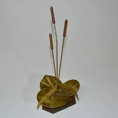 Vintage Brutalist Metal Copper Brass Finish Cattails Sculpture 12  Tall MCM  • $34.99