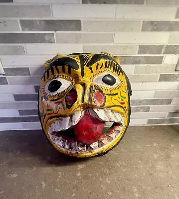 Vintage Mexican Mask Folk Art Hand Painted Wood Wild Beast Cat  9  X 9  • $29.99