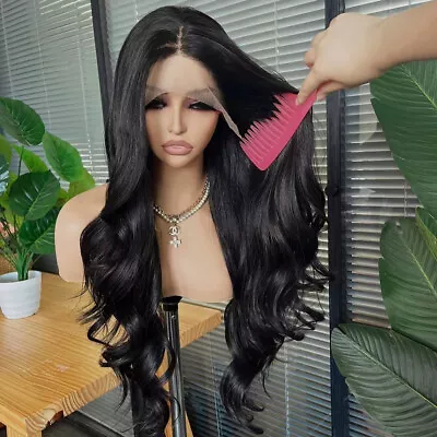 Lace Front Wig Black Heat Resistant Synthetic Hair Natural Long Wavy • £25.99