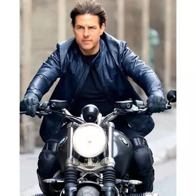 Tom Cruise Mission Impossible 6 Men's Blue Biker Real Leather Jacket • $88.39