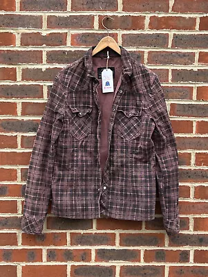 All Saints Mens FUTILE Leather Shirt Jacket LARGE Check Tartan Suede Biker A457 • £199.99