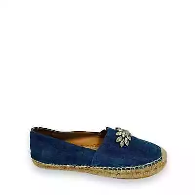 MIU MIU Blue Denim Embellished Crystal Espadrilles Flats Size 37 US 7 • $115