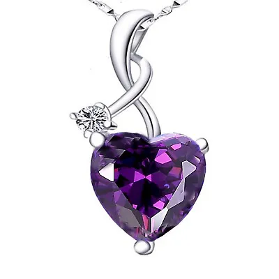 $29.90 • Buy Sterling Silver Simulated Amethyst February Birthstone Heart Pendant Necklace