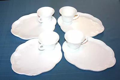 Vintage Snack Set White Milk Glass Grape Design 4 Plates & Cups • $9.95