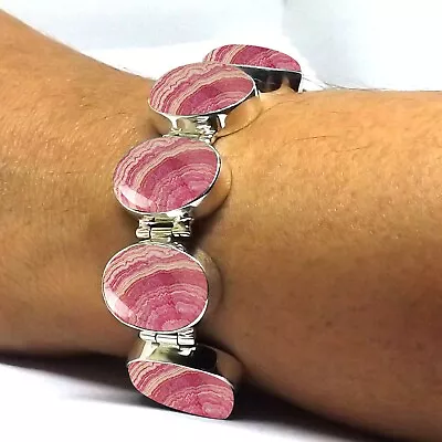 925 Sterling Silver Rhodochrosite Handmade Bracelet Size 7.5  Adjustable Unique • $46.56