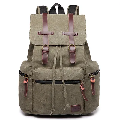 £16.99 • Buy Unisex Real Leather Canvas Backpack Large School Shoulder Bag Rucksack 