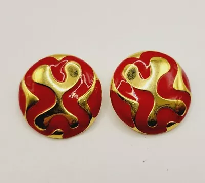 Vintage MONET Red & Gold Tone Enamel ROUND Circle DECO Earrings Clip On • $23.40