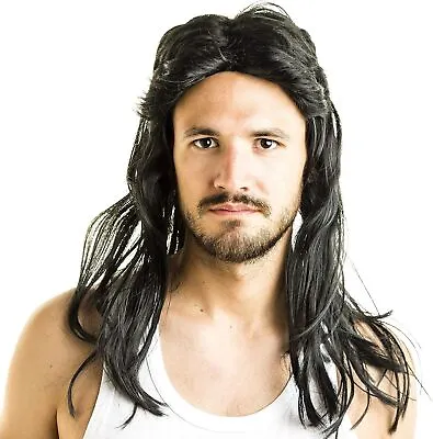 Mullet Wig - Black Fancy Dress Long Wig For Men And Women Waynes World Pulp F • £11.79