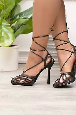 Mixx Shuz Envy Women's Square Toe Mesh Lace Up Heels Black • $48