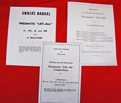 3 Manual Set Of Pneumatic Lift-ALL IH Farmall A B AV Exhaust Lift Owner's Parts • $40