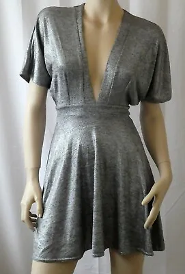 Oh My Love Shiny Silver Stretch Dolman Sleeve Deep V Skater Dress UK6/8 24-26 W • £18