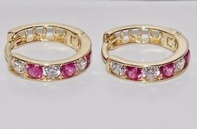 9ct Gold Ruby & Cz Huggie / Cuff Hoop Earrings • £59.95