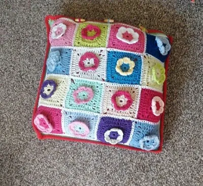 Handmade Crochet Cushion Patchwork Pillow Flower Power Home Decor Art Vintage • £13