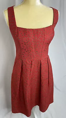 US 10 Shoshanna Dress Damask Red Gold Corset Pockets Fit And Flare Sleeveless • $49.95